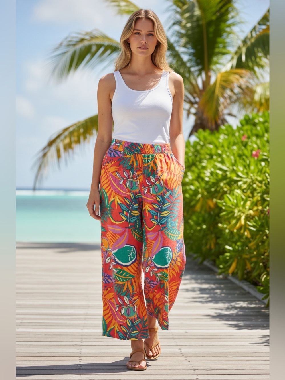 C&C California Tropical 100% Linen Wide-Leg Crop Pants Beach Resort